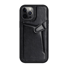 Nillkin AOGE műanyag telefonvédő (valódi bőr hátlap, mikrofiber plüss belső, bankkártya tartó) FEKETE [Apple iPhone 12 Pro Max] (5996591015903)