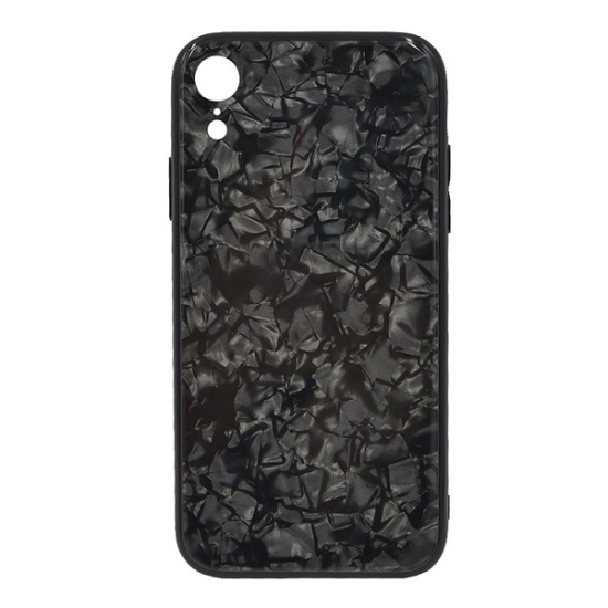 Proda BAYNO telefonvédő szilikon keret (BUMPER, edzett üveg hátlap, márvány minta) FEKETE [Apple iPhone XR 6.1] (5996457802340)
