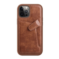 Nillkin AOGE műanyag telefonvédő (valódi bőr hátlap, mikrofiber plüss belső, bankkártya tartó) BARNA [Apple iPhone 12 Pro Max] (5996591015897)