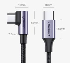 TKG Kábel: UGreen-US255 - Type-C / Type-C (USB-C) fekete/szürke szövet kábel 1m (90 fokban elfordított csatlakozó véggel) 3A