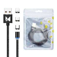 TKG Töltő: Wozinsky - 3in1 USB fekete szövetkábel, cserélhető mágneses Type-C/MicroUSB/Lightning fejekkel,2,4A