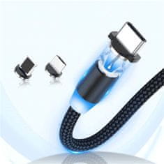 TKG Töltő: Wozinsky - 3in1 USB fekete szövetkábel, cserélhető mágneses Type-C/MicroUSB/Lightning fejekkel,2,4A