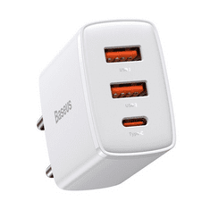BASEUS Hálózati töltő adapter, 30W, 2 x USB aljzat, USB Type-C aljzat, gyorstöltés, PD 3.0, QC 3.0, Compact, fehér (RS112197)