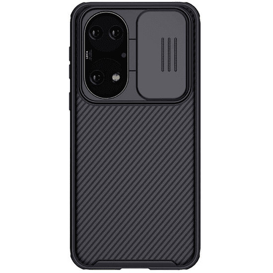 Nillkin Huawei P50 / P50E, Műanyag hátlap + szilikon keret, közepesen ütésálló, kamera védelem, csíkos minta, CamShield Pro, fekete (RS113872)
