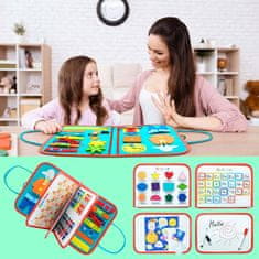 Netscroll Oktató játék 7 különböző tevékenységgel, didaktikus koffer, rajztábla, 12 különböző forma és figura, puzzle, számok és színek tanulása, ábécé, cipőkötözés, SensoryBook