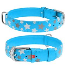WAUDOG Lapos bőr nyakörv kéken fénylő csillagokkal 38-49cm, szélesség: 25mm kék