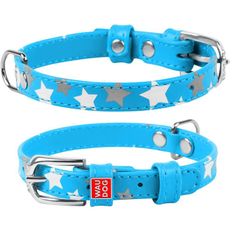 WAUDOG Lapos bőr nyakörv kéken fénylő csillagokkal 38-49cm, szélesség: 25mm kék