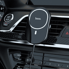 Hoco Autós tartó, Univerzális, szellőzőre rögzíthető, 360°-ban forgatható, mágneses, Qi vezeték nélküli mágneses töltővel, 15W, Magsafe kompatibilis, CA90 Powerful, fekete (G103388)