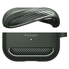 Spigen Bluetooth fülhallgató töltőtok tartó, szilikon, vezeték nélküli töltés támogatás, karabiner, Apple AirPods Pro kompatibilis, Rugged Armor, sötétzöld (RS136190)
