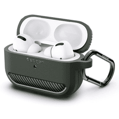 Spigen Bluetooth fülhallgató töltőtok tartó, szilikon, vezeték nélküli töltés támogatás, karabiner, Apple AirPods Pro kompatibilis, Rugged Armor, sötétzöld (8809710754225)