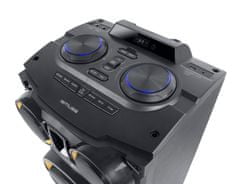 Muse M-1988 DJ PartyBox - 800W PMPO hangteljesítmény. Bluetooth, USB, rádió, audio jack bemenet. Mellékelt vezetékes mikrofon és távirányító. Fa készülékház a tisztább hangért, kikapcsolható fényjáték.