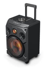 Muse M-1915 DJ PartyBox, vezetékes mikrofonnal és beépített akkumulátorral. 150W PMPO hangteljesítmény, USB port, Bluetooth, audio Jack bemenet. Kihúzható fogganytúval és 2 hátsó kerékkel a mozgatáshoz