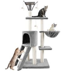MUVU Szürke macskakaparó, 5 szintes, fekvőhellyel és házikóval