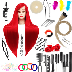Enzo Ilsa edzőfej Red 60 cm, szintetikus haj + nyél, fodrász fésülködő fej, gyakorlófej