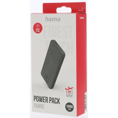 Hama Fabric 10, powerbank, 10000 mAh, 3 A, 2 kimenet: USB-C, USB-A, textil kivitel, szürke