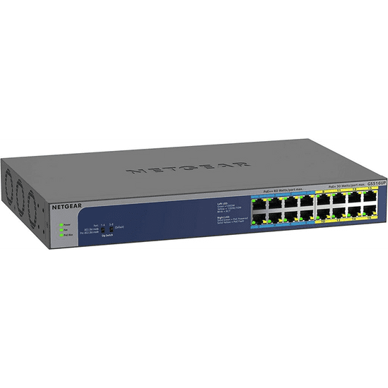 Netgear GS516UP Beállítást nem igénylő (unmanaged) Gigabit Ethernet (10/100/1000) Ethernet-áramellátás (PoE) támogatása Szürke (GS516UP-100EUS)