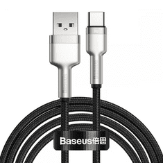 BASEUS USB töltő- és adatkábel, USB Type-C, 200 cm, 6000 mA, 66W, törésgátlóval, gyorstöltés, cipőfűző minta, Cafule Metal, CAKF000201, fekete (RS122152)