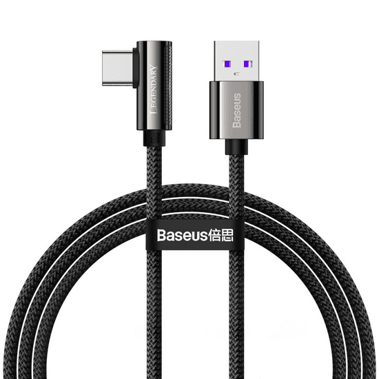 BASEUS USB töltő- és adatkábel, USB Type-C, 200 cm, 66W, gyorstöltés, PD, 90 fokos/derékszögű, cipőfűző minta, Legend, CATCS-C01, fekete (RS120690)