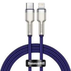 BASEUS USB Type-C töltő- és adatkábel, Lightning, 100 cm, 20W, törésgátlóval, gyorstöltés, PD, cipőfűző minta, Cafule Metal, CATLJK-A05, lila (RS121906)
