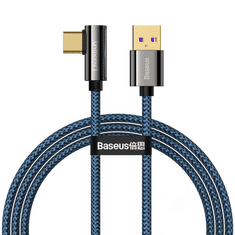 BASEUS USB töltő- és adatkábel, USB Type-C, 100 cm, 66W, gyorstöltés, PD, 90 fokos/derékszögű, cipőfűző minta, Legend, CACS000403, kék (RS122007)