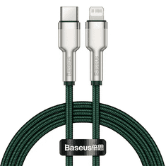 BASEUS USB Type-C töltő- és adatkábel, Lightning, 100 cm, 20W, törésgátlóval, gyorstöltés, PD, cipőfűző minta, Cafule Metal, CATLJK-A06, zöld (RS121907)