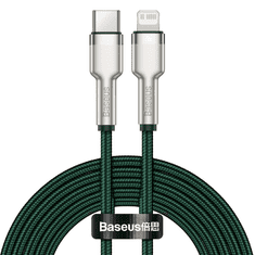 BASEUS USB Type-C töltő- és adatkábel, Lightning, 200 cm, 20W, törésgátlóval, gyorstöltés, PD, cipőfűző minta, Cafule Metal, CATLJK-B06, zöld (RS121948)