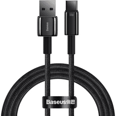 BASEUS USB töltő- és adatkábel, USB Type-C, 100 cm, 6000 mA, 66W, törésgátlóval, gyorstöltés, cipőfűző minta, Tungsten Gold, CATWJ-B01, fekete (RS122067)