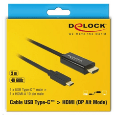 DELOCK USB Type-C csatlakozó > HDMI csatlakozó (DP váltakozó) 4K 60 Hz,3m fekete (85292) (85292)