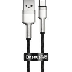 BASEUS USB töltő- és adatkábel, USB Type-C, 25 cm, 6000 mA, 66W, törésgátlóval, gyorstöltés, cipőfűző minta, Cafule Metal, CAKF000001, fekete (RS113266)