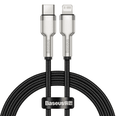 BASEUS USB Type-C töltő- és adatkábel, Lightning, 100 cm, 20W, törésgátlóval, gyorstöltés, PD, cipőfűző minta, Cafule Metal, CATLJK-A01, fekete (RS120666)
