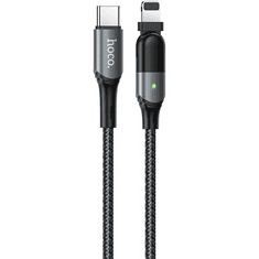 Hoco USB Type-C töltő- és adatkábel, Lightning, 120 cm, 3000 mA, 20W, törésgátlóval, 180 fokban állítható fej, gyorstöltés, PD, LED-es, cipőfűző minta, U100 Orbit, fekete (RS121220)
