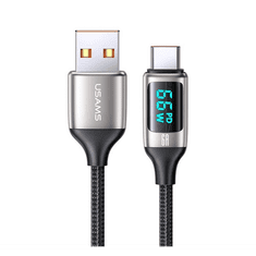 USAMS U78 adatkábel és töltő (USB - Type-C, 65W, PD gyorstöltés támogatás, 120cm, LED jelző) FEKETE / EZÜST (SJ544_F) (SJ544_F)