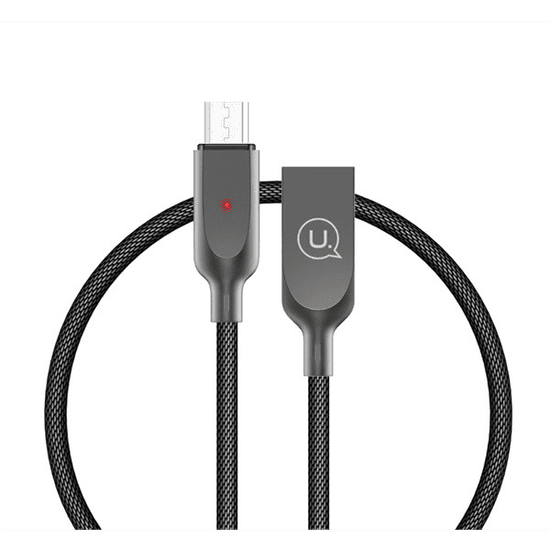 USAMS U-SUN adatkábel és töltő (USB - microUSB, gyorstöltés támogatás, 120cm, törésgátló, cipőfűző minta) FEKETE (MICYSUSB01) (MICYSUSB01)