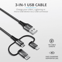 Trust Keyla 3in1 USB-C, Lightning és Micro-USB --> USB kábel 1m fekete (23572) (tr23572)