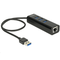 DELOCK 62653 USB3.0 Hub 3 portos + Gigabit LAN fekete (62653)