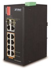 Planet IFGS-1022HPT ipari PoE switch, 8x100Mb + 2x1Gb/SFP, PoE 802.3at 30/240W, -40-75°C, kettős 48-54VDC, IP30