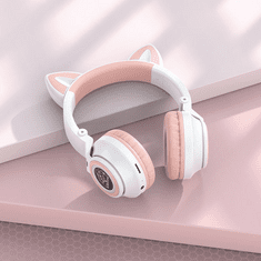 Bluetooth sztereó fejhallgató, v5.0, mikrofon, 3.5mm, funkció gomb, hangerő szabályzó, TF kártyaolvasó, összecsukható, teleszkópos fejpánt, macskafüllel, Borofone BO18 CAT, fehér/rózsaszín