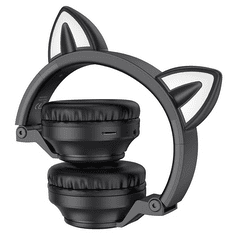 Borofone Bluetooth sztereó fejhallgató, v5.0, mikrofon, 3.5mm, funkció gomb, hangerő szabályzó, TF kártyaolvasó, összecsukható, teleszkópos fejpánt, macskafüllel, BO18 CAT, fekete (PSPM032100)