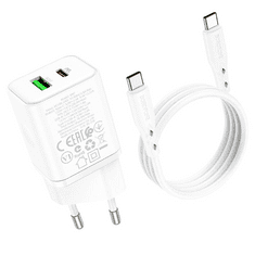 Borofone Hálózati töltő adapter, 20W, USB aljzat, USB Type-C aljzat, USB Type-C - USB Type-C kábellel, gyorstöltés, PD, QC 3.0, BN7, fehér (PSPM032099)