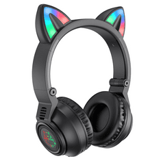 Bluetooth sztereó fejhallgató, v5.0, mikrofon, 3.5mm, funkció gomb, hangerő szabályzó, TF kártyaolvasó, összecsukható, teleszkópos fejpánt, macskafüllel, Borofone BO18 CAT, fekete