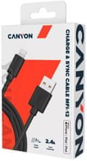 Canyon Lightning töltőkábel MFI-12, 26MB/s, 5V/2.4A, Apple tanúsítvánnyal, 2m hosszú, fekete színű