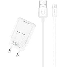 USAMS Hálózati töltő adapter, 10.5W, USB aljzat, microUSB kábellel, T21, fehér (RS93597)