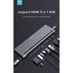 Devia USB Type-C - PD + USB-C + USB2.0 + 2xUSB 3.0 + HDMI + VGA + RJ45 + SD/TF +Audio3.5 elosztó/adapter/laptop állvány - Leopard Series 11 in 1 Hub - szürke (ST353826)