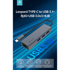 Devia USB Type-C - USB 3.1 + RJ45 + 3xUSB 3.0 elosztó/adapter - Leopard Series 5 in 1 Hub - szürke (ST364235)