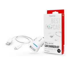 Hama szivargyújtó töltő adapter USB-A bemenettel + USB-A - Lightning kábel - 12W- Charger Kit with Lightning Plug - fehér (201610)