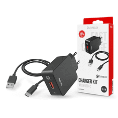 Hama hálózati töltő adapter USB-A bemenettel + Type-C kábel - 19.5W - Charger Kit with USB-C QC3.0 - fekete (201625)