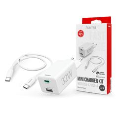 Hama hálózati töltő adapter USB-A + Type-C bemenettel + Type-C - Type-C kábel - 32W - Mini Charger Kit PD3.0 + QC3.0 - fehér (201692)