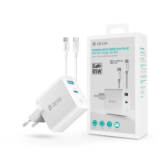Devia GaN hálózati töltő adapter USB + Type-C bemenettel, Type-C kábellel - 65W - Extreme Speed Series 65W PD + QC GaN Fast Charger Set - white (ST379192)
