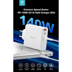 Devia GaN hálózati töltő adapter USB + 2xType-C bemenettel - 140W - Extreme Speed Series PD 140W 2C+A GaN Charger - white (ST366147)