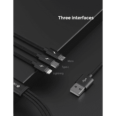 Devia USB töltőkábel 1,2 m-es vezetékkel - Gracious Series 3in1 f or Lightning/microUSB/Type-C - 5V/3A - black (ST337086)